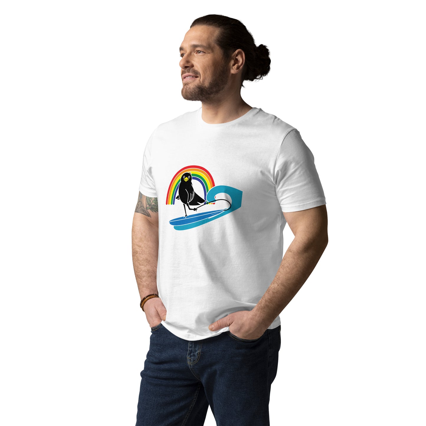 Unisex organic cotton t-shirt Rakasu Surfing in the Rainbow