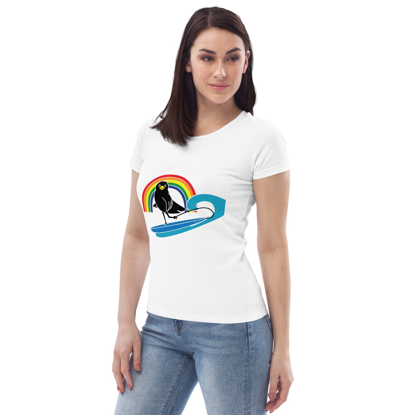 Women's fitted eco tee Rakasu Surfing in the Rainbow