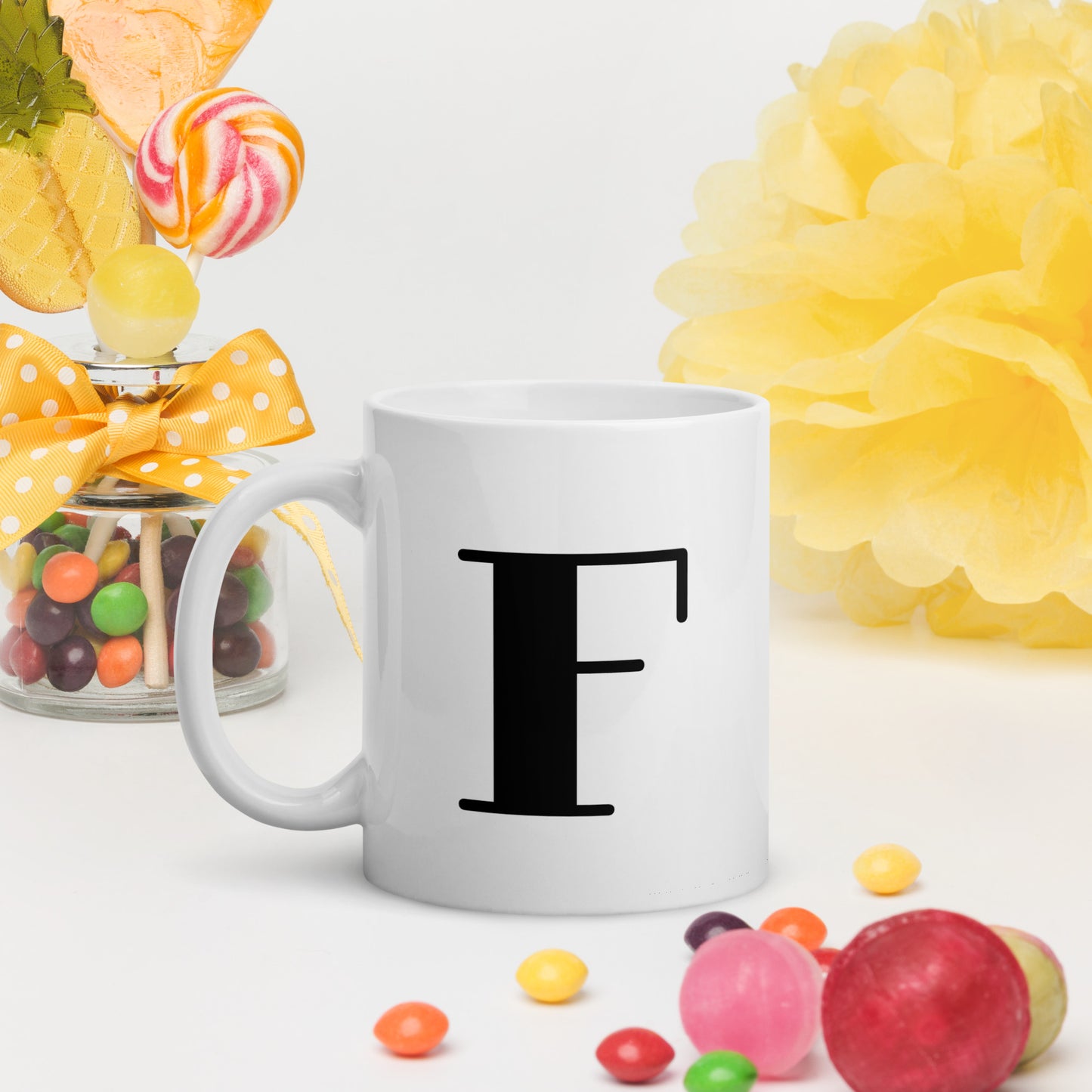 White glossy initial mug F