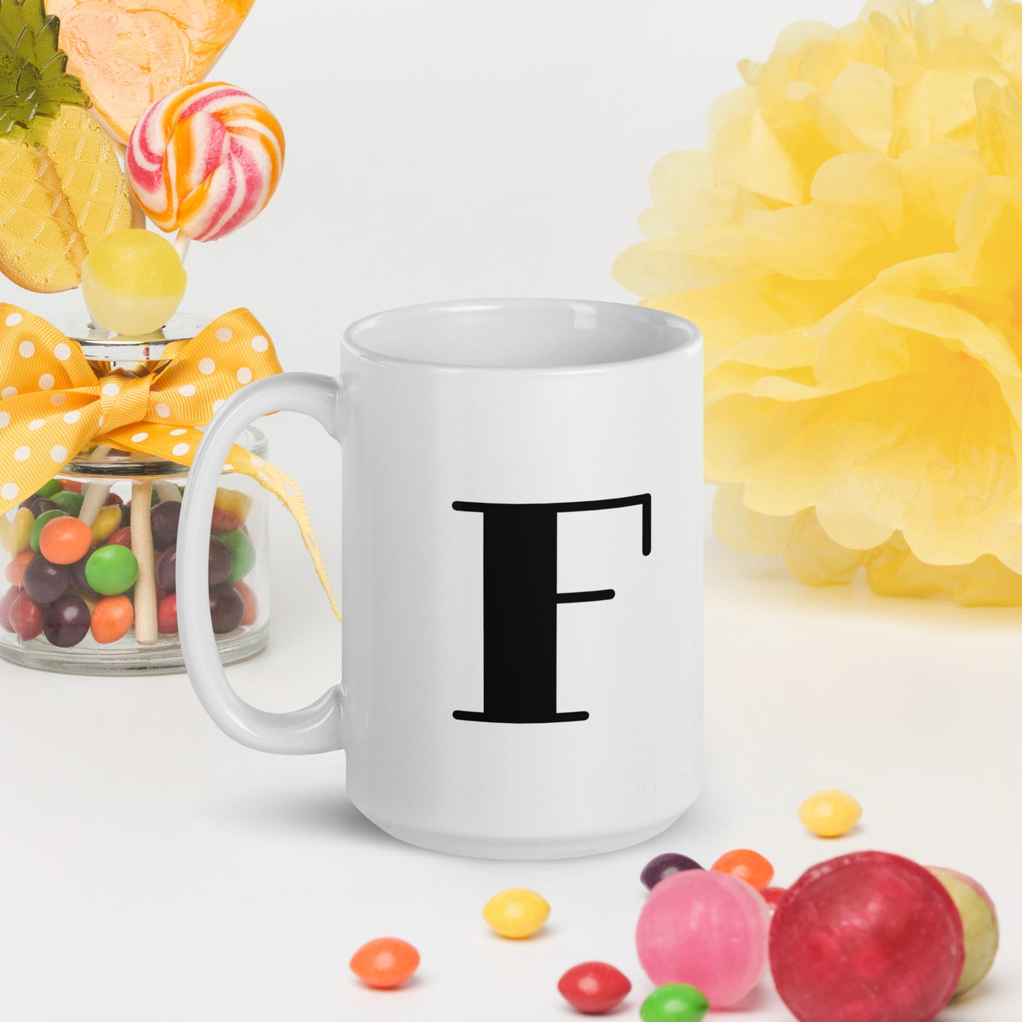 White glossy initial mug F