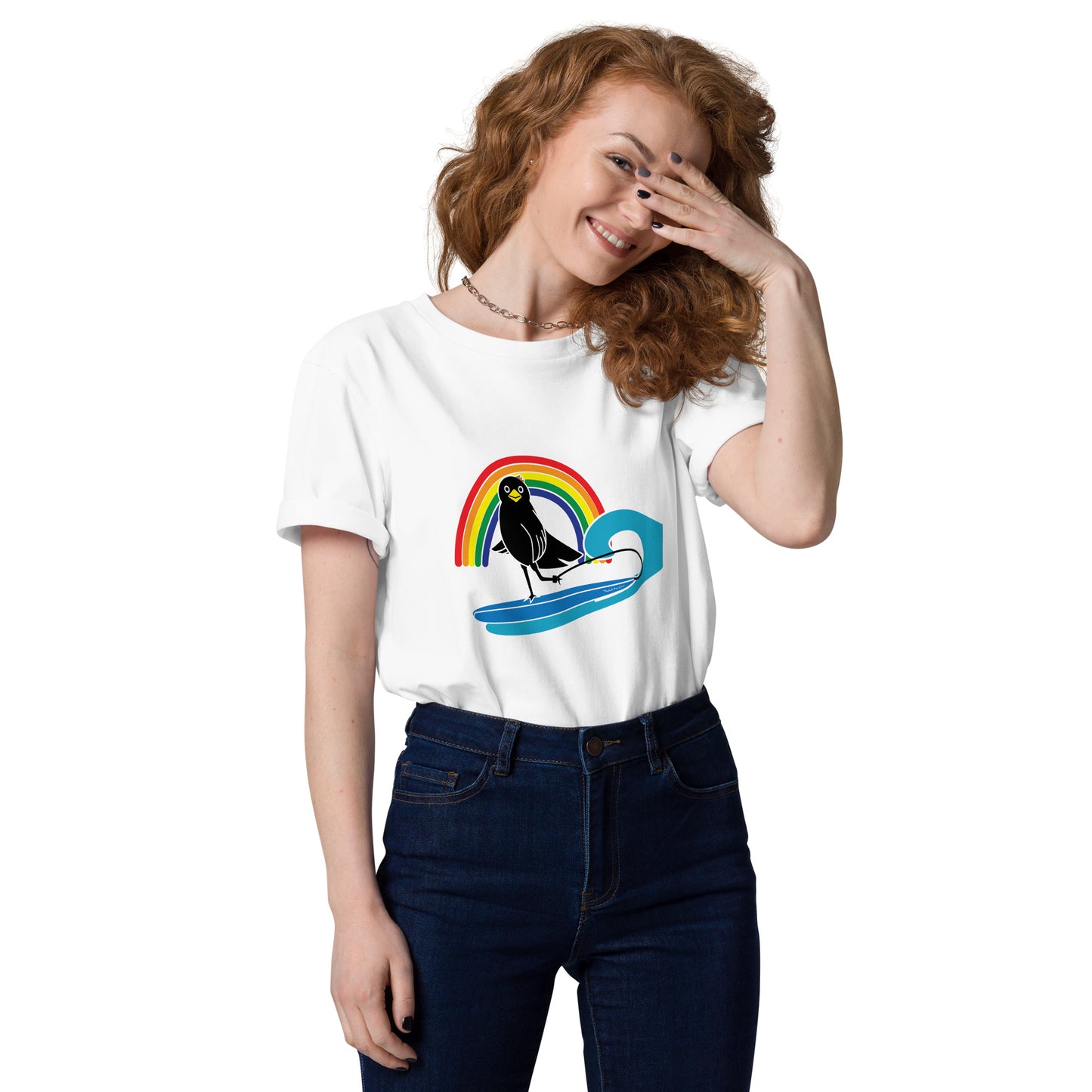 Unisex organic cotton t-shirt Rakasu Surfing in the Rainbow