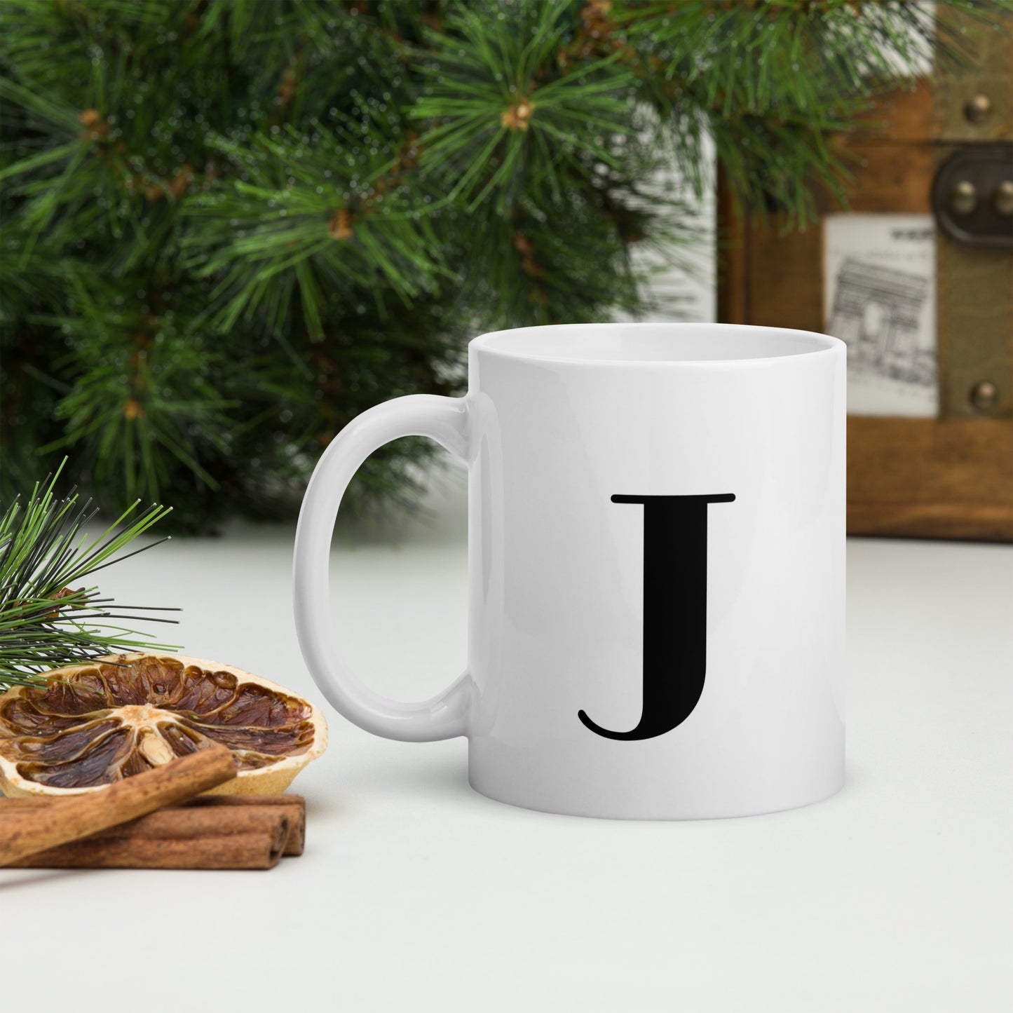 White glossy initial mug J