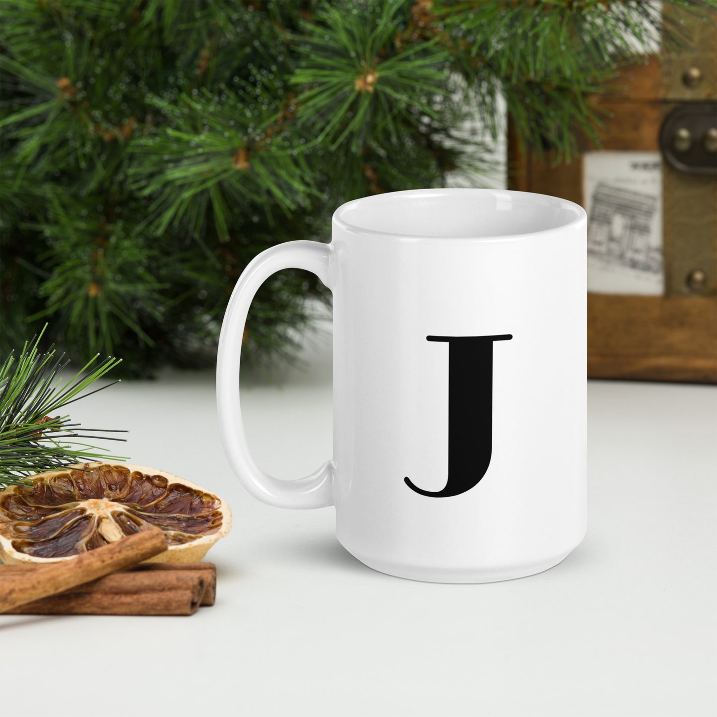 White glossy initial mug J